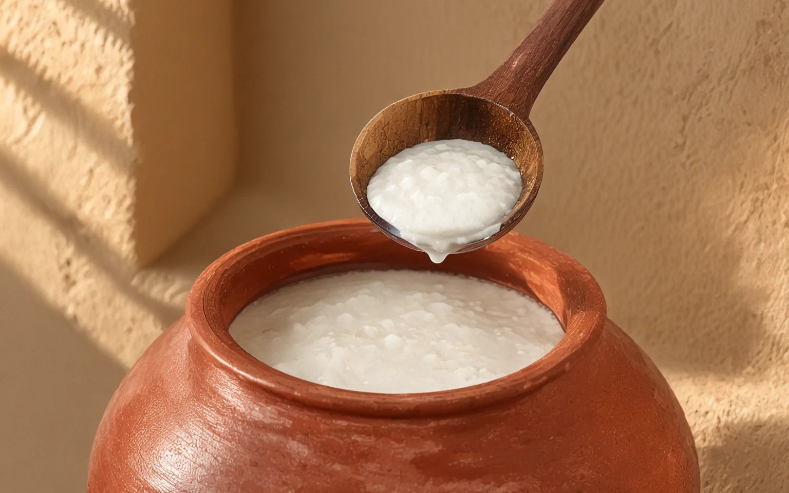 Curd poured from a wooden ladle into a clay matka
