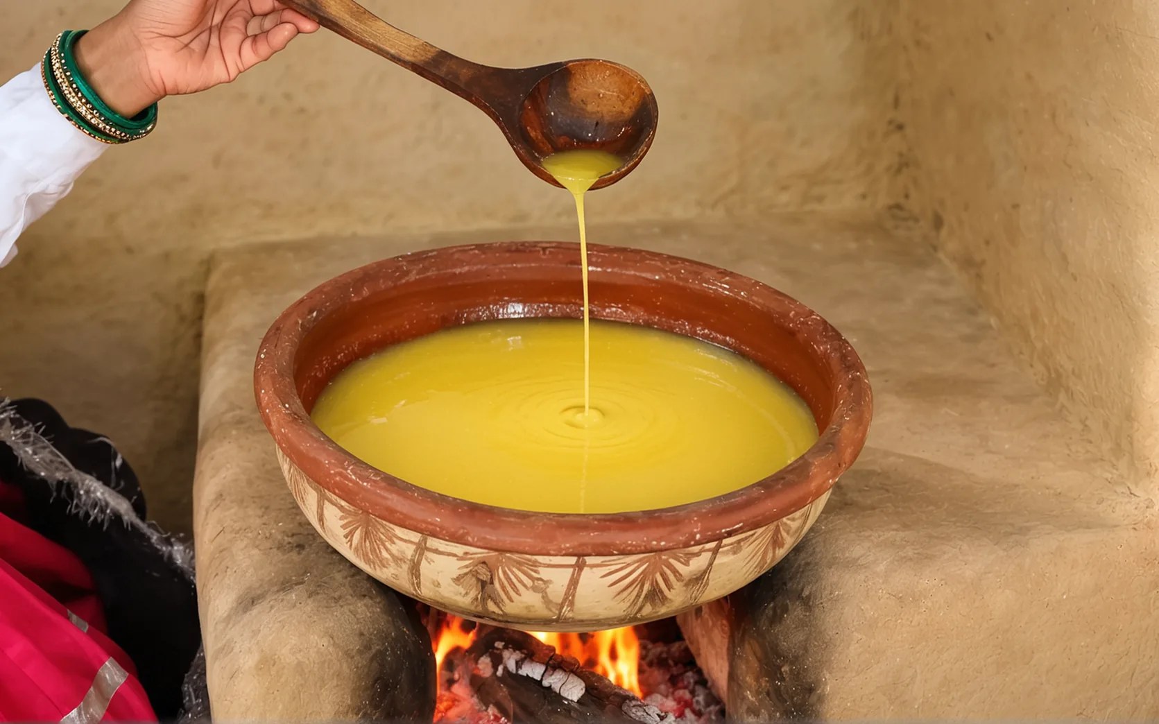 Ghee poured from a wooden ladle as it clears over the flame