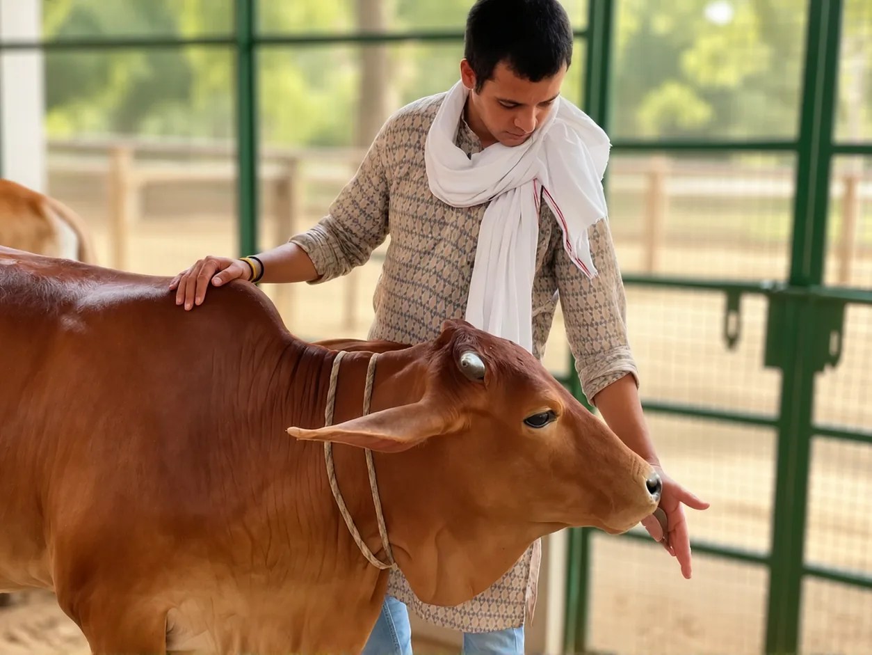 A Sahiwal cow being stroked by a herdsman in the shed at Pratapgarh Farms