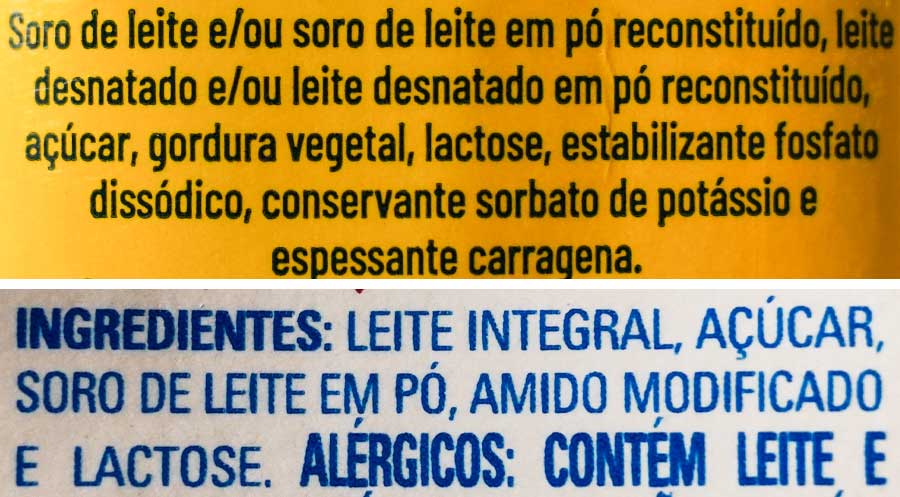 Lista de ingredientes de duas misturas l&aacute;cteas de marcas diferentes.