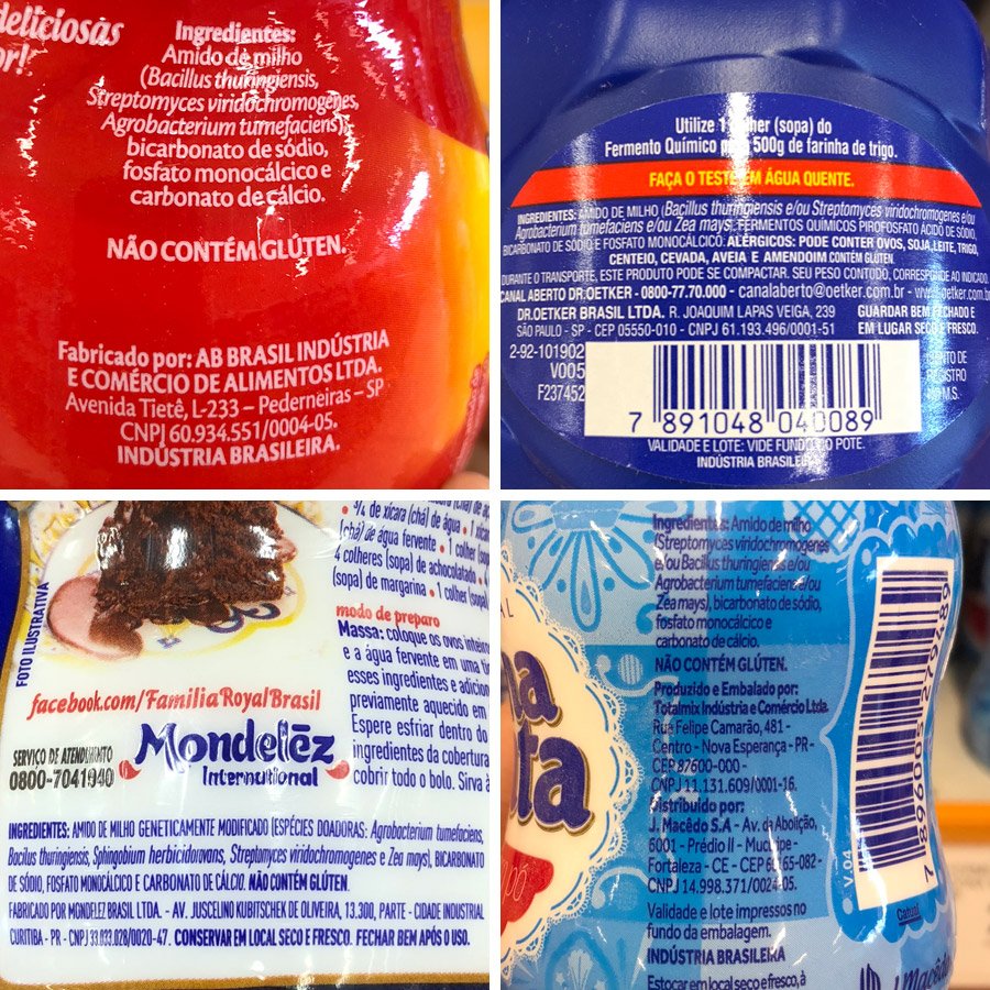 Imagem com quatro tipos de fermentos listando os ingredientes