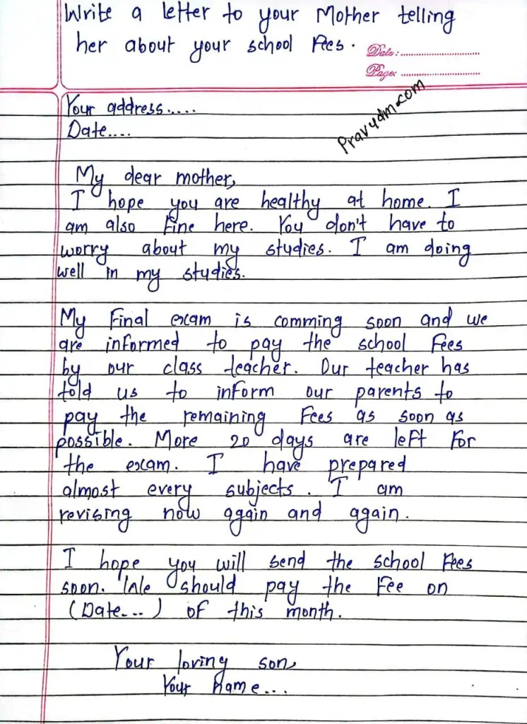 Letter to mother telling her about your school fees