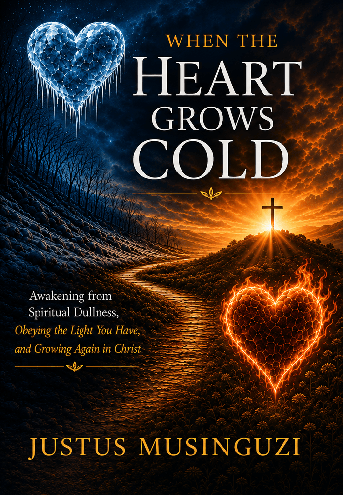 When the Heart Grows Cold by Justus Musinguzi - book cover showing an icy heart, a burning heart, and a cross between cold blue and warm orange landscapes.
