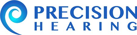 Precision Hearing logo with a blue swirl icon and text for hearing solutions.