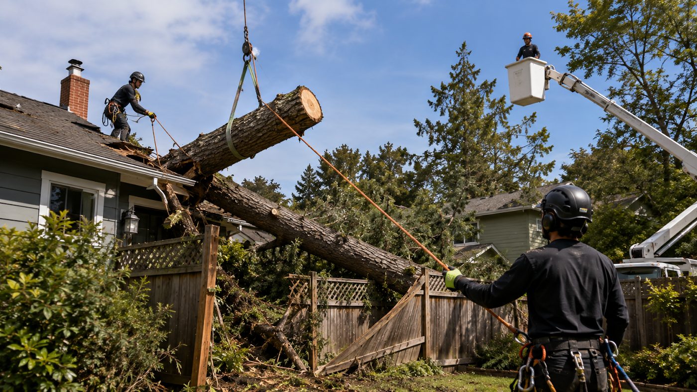 Precision Tree Care crew rigging a fallen tree trunk off a roof in San Mateo County