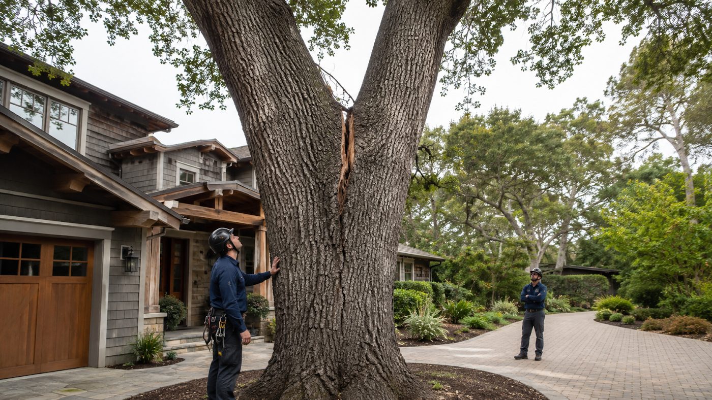 Precision Tree Care arborist inspecting a split trunk on a coast live oak in Hillsborough