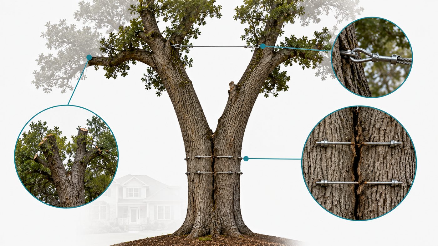 Precision Tree Care crew installing a support cable in a split oak from an aerial lift