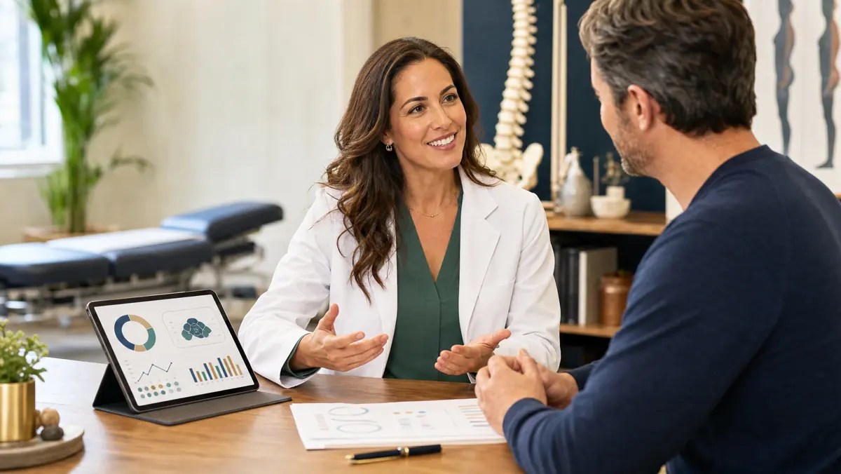 Doctor in white lab coat consulting in a chiropractic clinic about functional medicine revenue streams