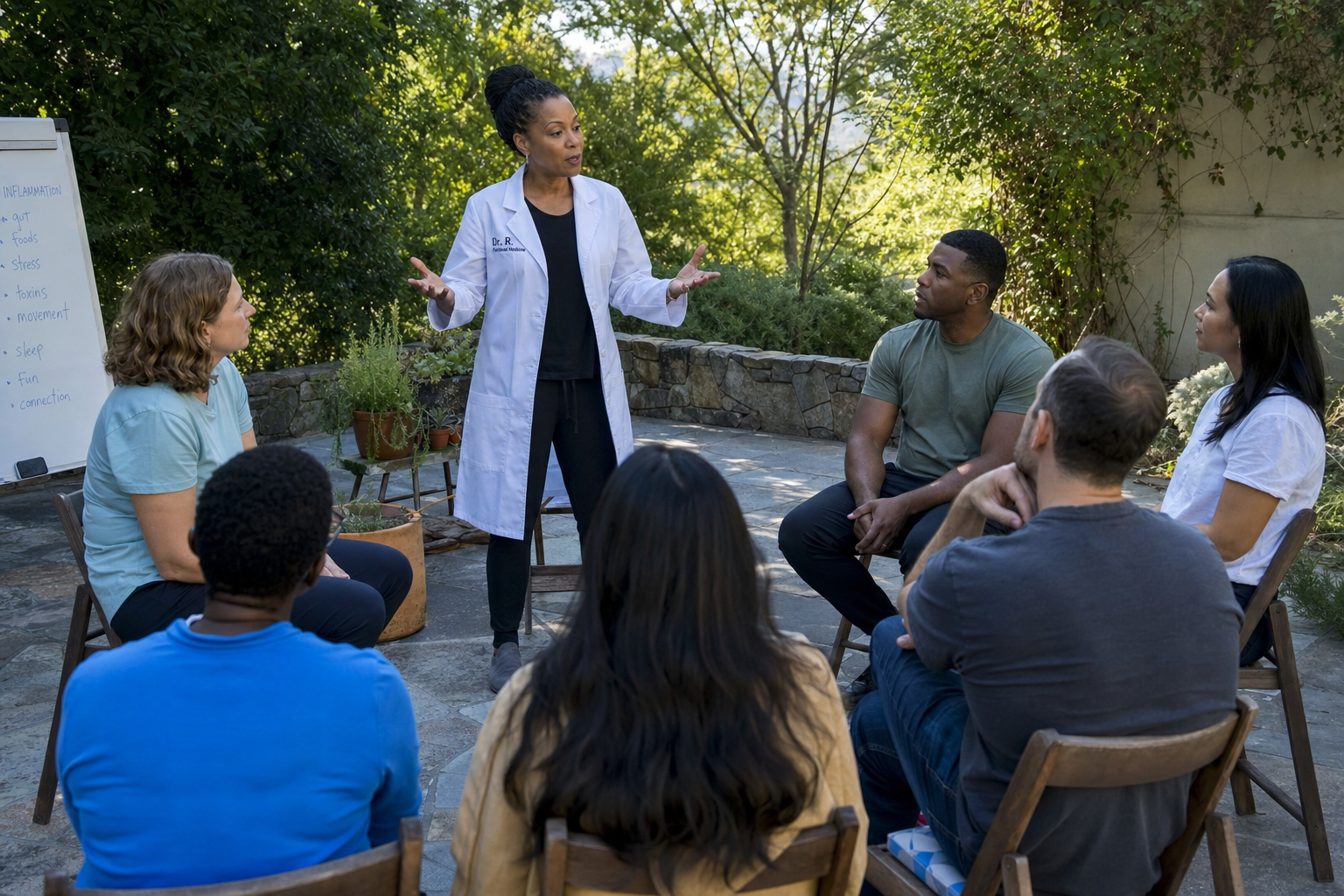 Functional medicine doctor leading an outdoor group workshop circle with patients seated on a shaded patio