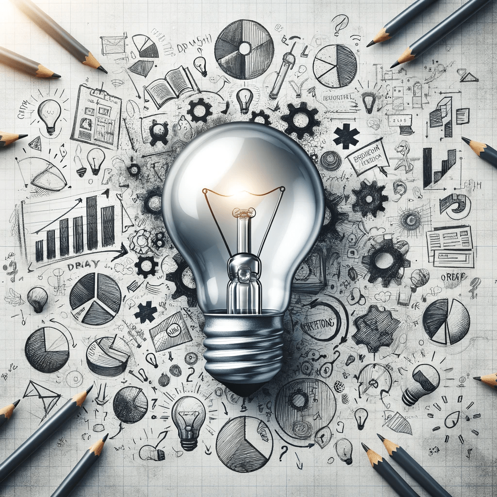 A picture of a lightbulb with multiple sketches, symbolizing trial and error leading to a bright idea.