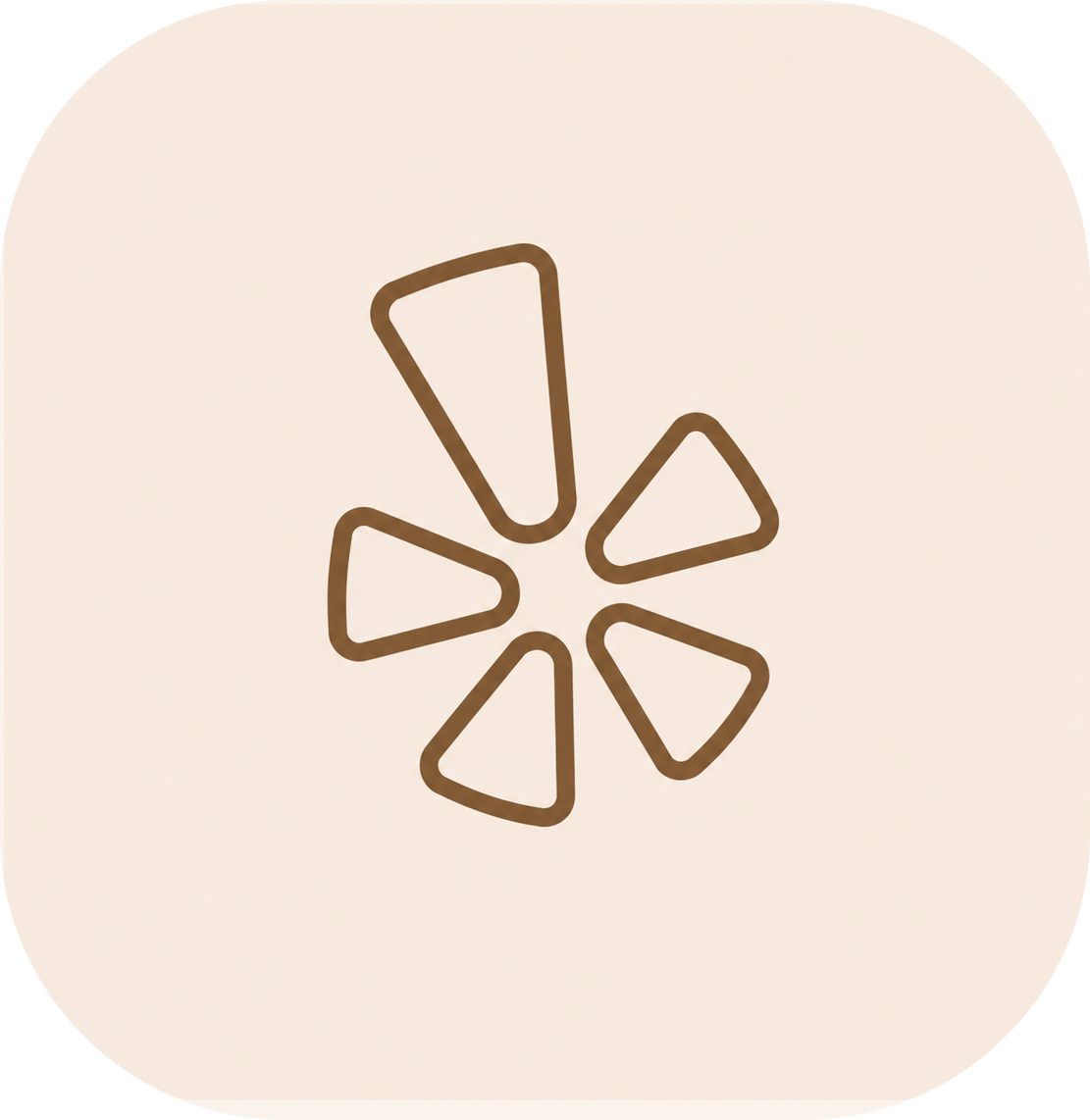 Abstract flower emblem with six brown petals on a pale beige background.