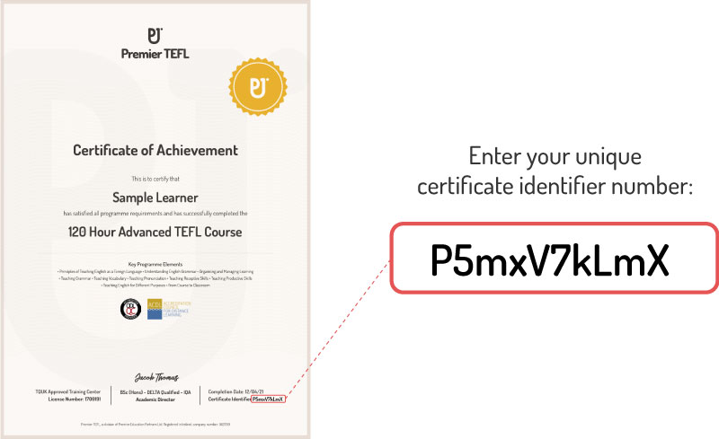 Unique identifier code for TEFL certificate