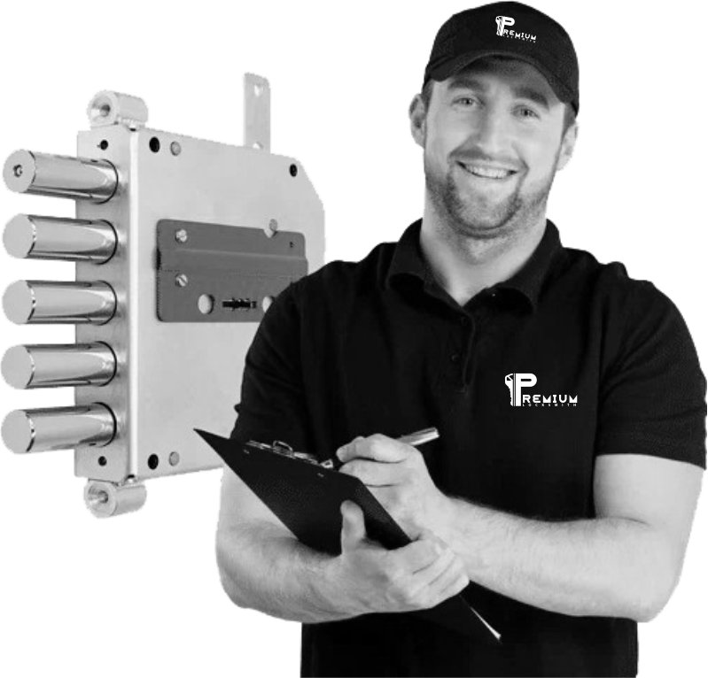 Locksmith in a Premium Locksmith uniform holding a clipboard next to a high-security lock