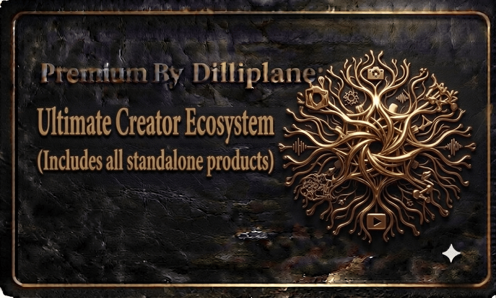 Premium By Dilliplane Ultimate Creator Ecosystem flagship product display cover featuring an intricate, circular 3D metallic gold mandala filigree design on a black leather background texture.