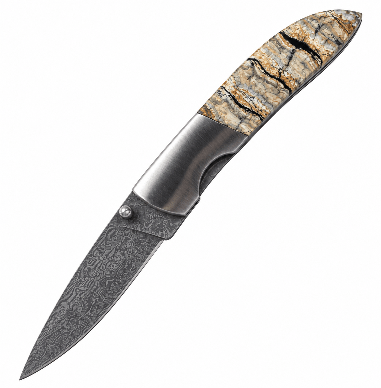 SCDLL San Mai Damascus Liner Lock / Mammoth Tooth Folding Knife #6190