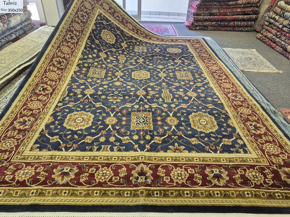 Machine made Tabriz design carpet, Size: 350 x 250 cm, Golden Blue, Polyester.