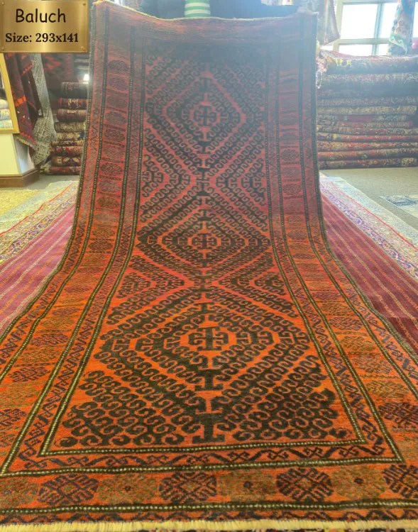 Handmade Afghan tribal Baluchi runner, Size: 293 x 141 cm, geometric style, 100% natural wool pile & vegetable dye.