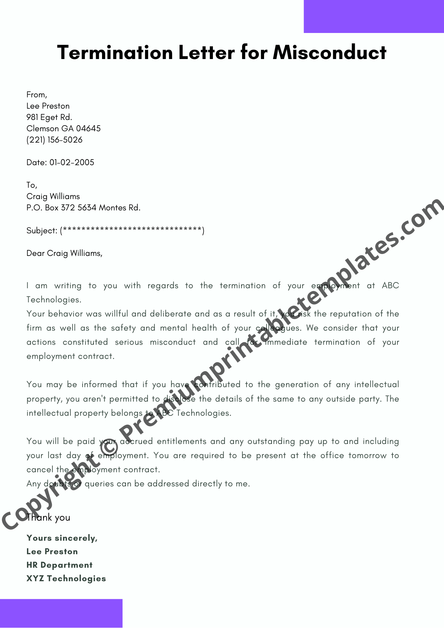 Sample Termination Letter For Misconduct Editable Premium Printable Templates