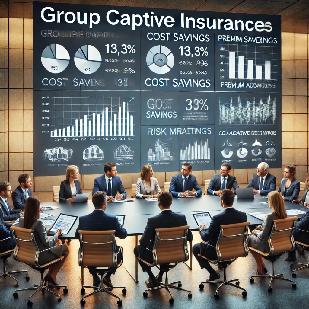 A business team reviewing Group Captive insurance strategies with financial charts and risk management data displayed on a digital dashboard.