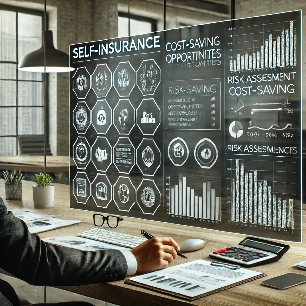 A business professional evaluating self-insurance strategies with financial reports and risk management data on a digital dashboard.
