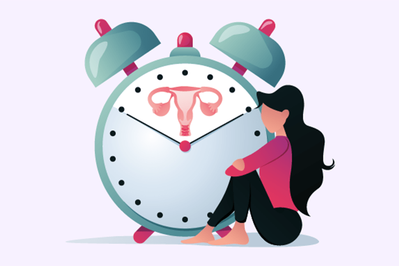 illustration of woman with clock waiting for her ovulation cycle