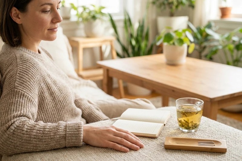 A woman relaxes at home with a notebook and a cup of herbal tea while keeping track of her cycle.