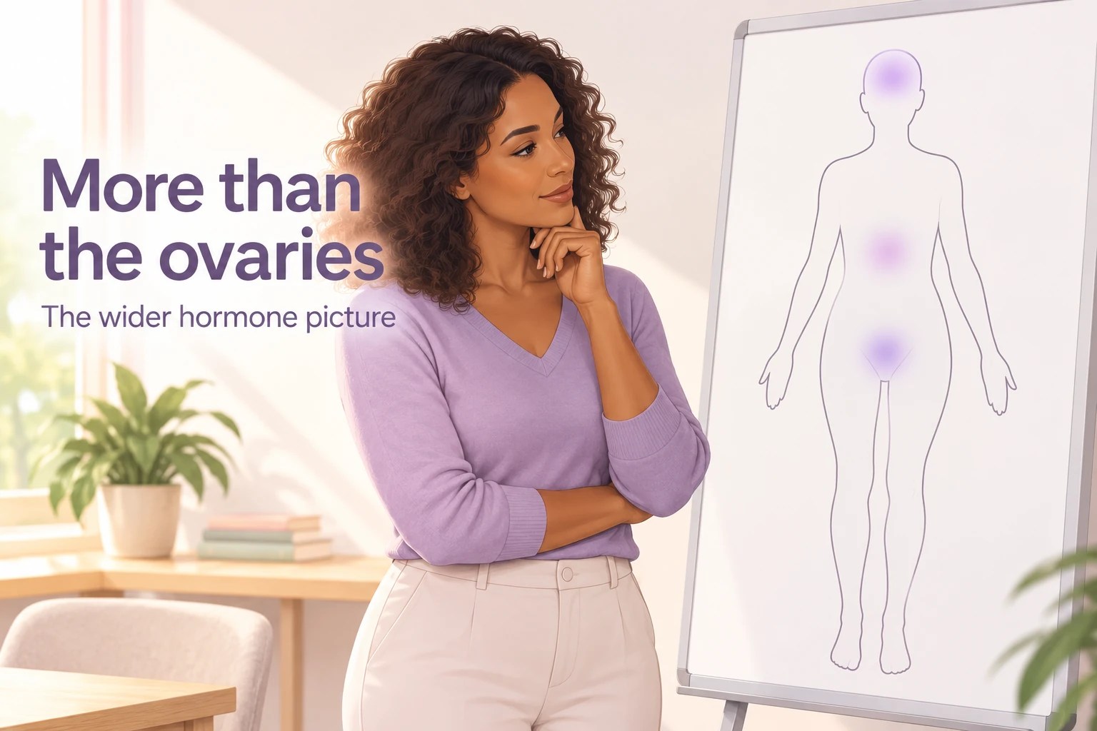 An adult woman looks at a body map highlighting the head, upper abdomen and pelvis.