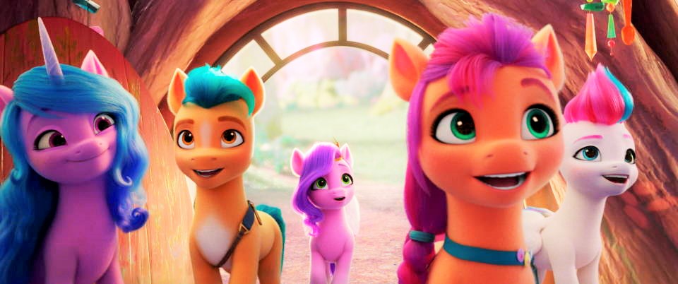 My Little Pony: A New Generation - (L-R) IZZY (voiced by Kimiko Glenn), HITCH (voiced by James Marsden), PIPP (voiced by Sofia Carson), SUNNY (voiced by Vanessa Hudgens) and ZIPP (voiced by Liza Koshy). Cr: © 2021 Hasbro, Inc. All Rights Reserved.