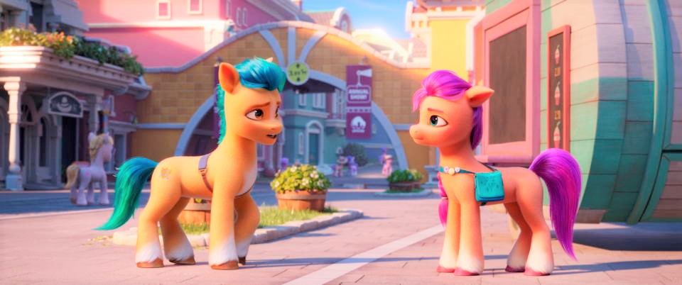 My Little Pony: A New Generation - (L-R) HITCH (voiced by James Marsden) and SUNNY (voiced by Vanessa Hudgens). Cr: © 2021 Hasbro, Inc. All Rights Reserved.