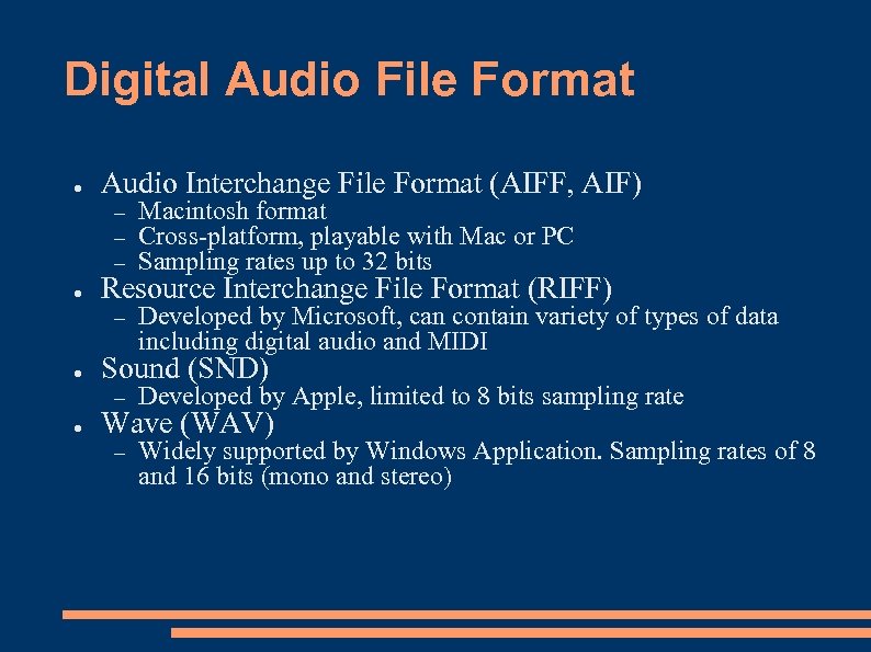 Aif adalah format audio standar untuk apple computer milik salah satu bagian dari teknologi quicktime. Digital Audio Digital Audio File Format