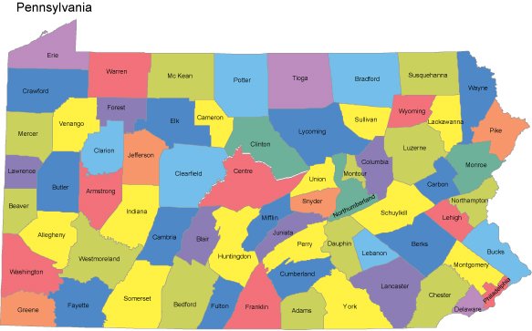 Map With Counties Pa Multicolor 