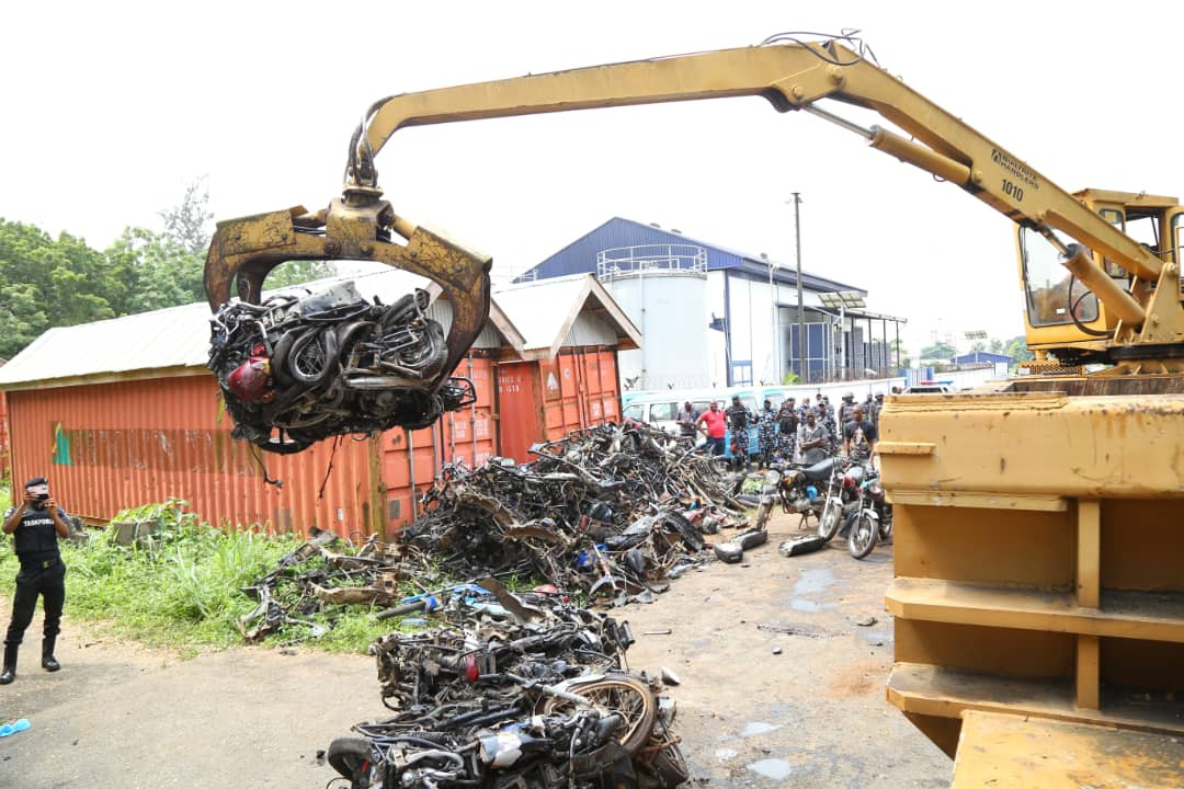Lagos Police Crush 482 Impounded Motorcycles