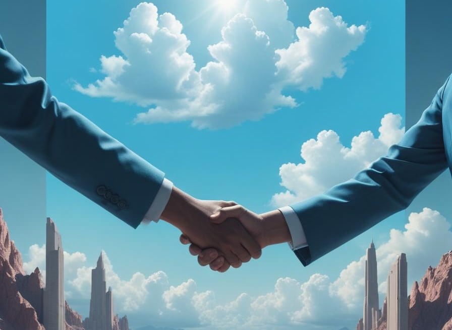 Handshake on blue sky