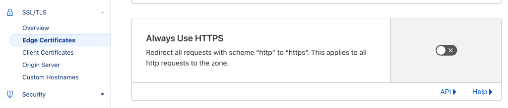 Screenshot of Cloudflare's Always use HTTPS setting.