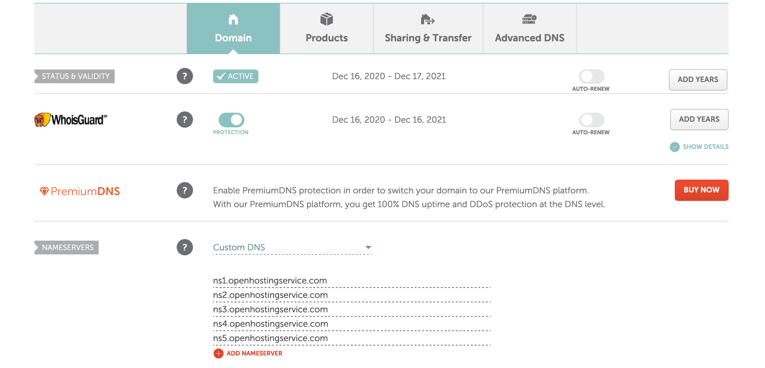 Adding the pressable nameservers under the “Custom DNS” setting.
