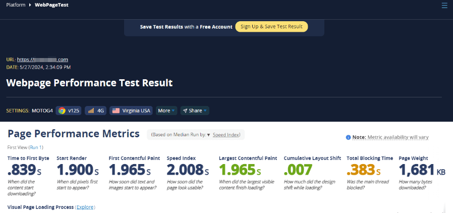 WebPageTest Performance Test Example