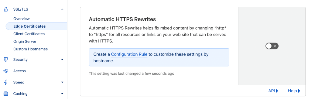 Screenshot of Cloudflare's Automatic HTTPS Rewrites setting.
