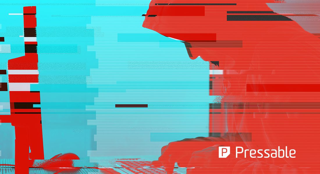 Hooded figure typing on a keyboard, surrounded by glitchy, distorted digital background.