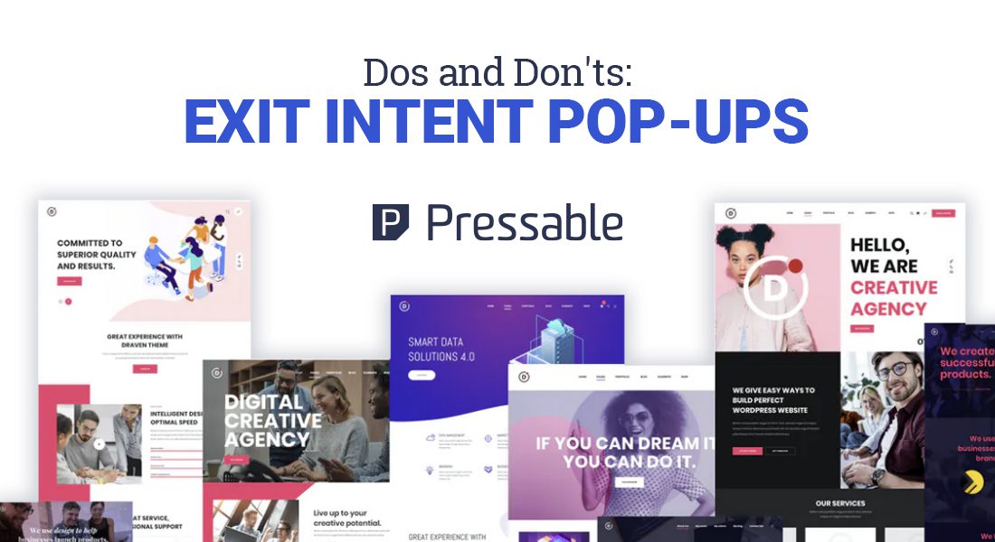 Webpage screenshots arranged around "Exit Intent Pop-Ups" text, promoting Pressable service.