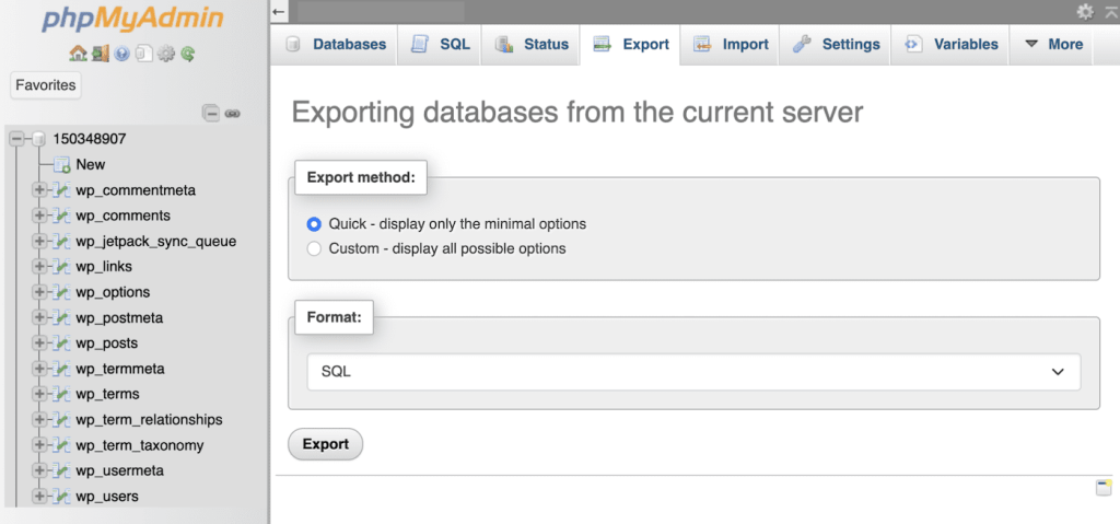 phpMyAdmin Database Export