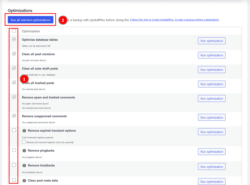 WP-Optimize Database Optimization Options Screen
