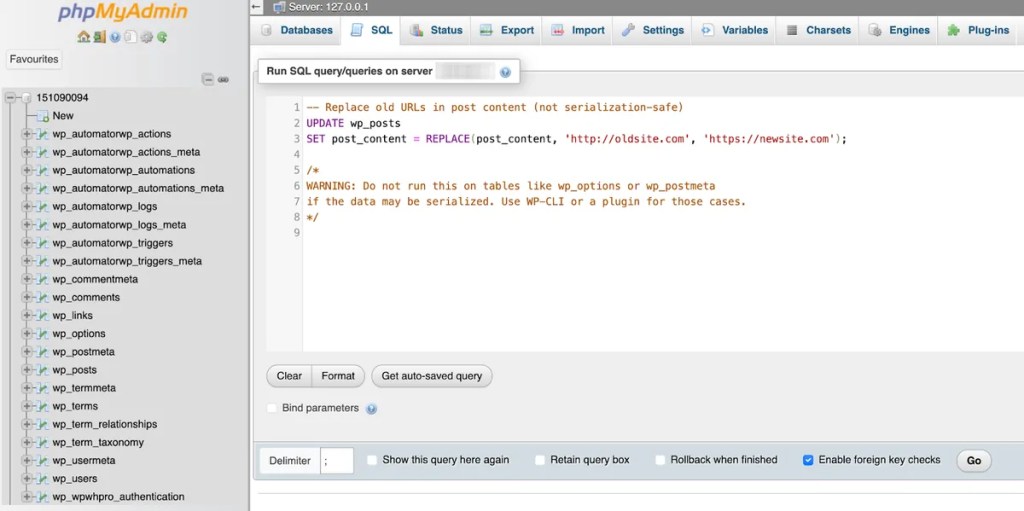phpMyAdmin tool interface