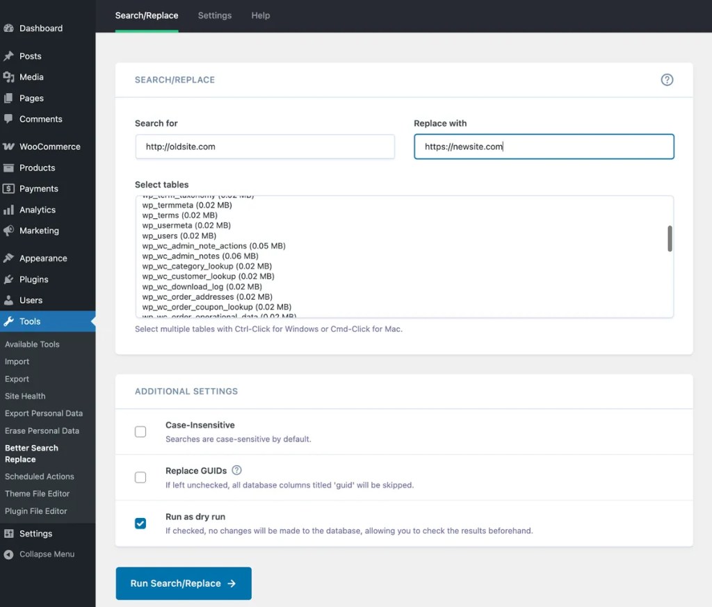 Better Search Replace plugin for WordPress