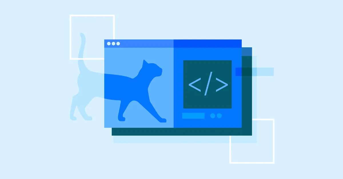 illustration of a cat silhouette overlaying a computer screen with HTML code