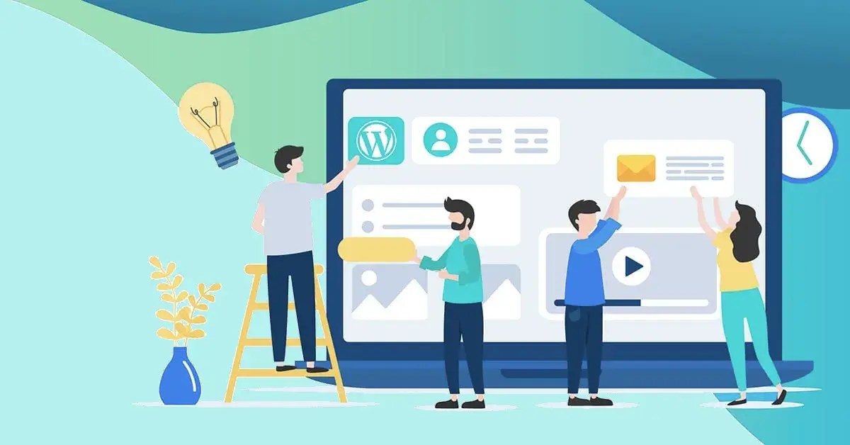 Illustration of people working on customizing a WordPress website theme on a laptop
