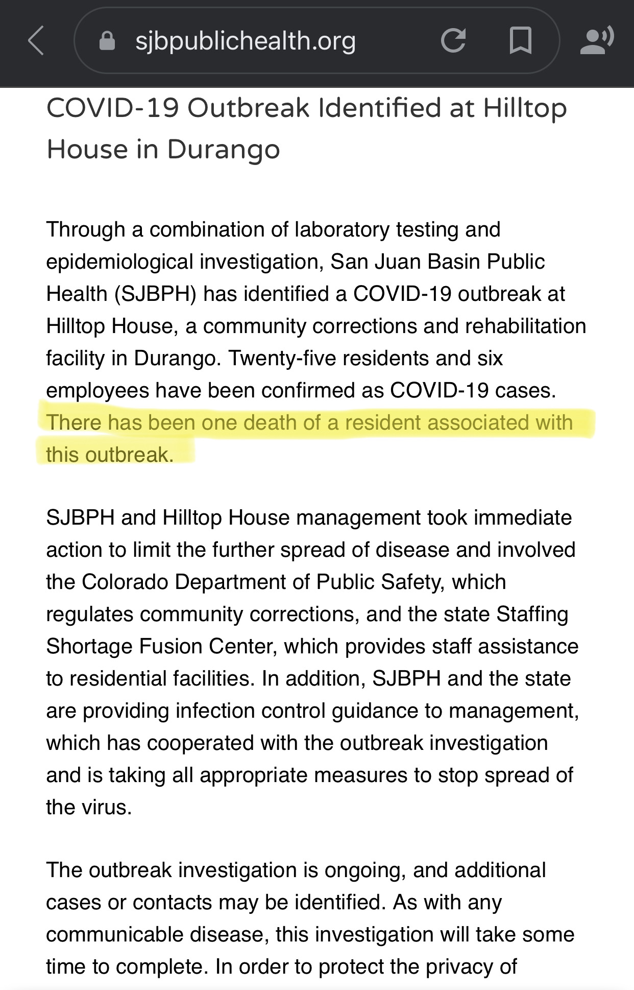 Misreporting of the death by San Juan Basin Public Health