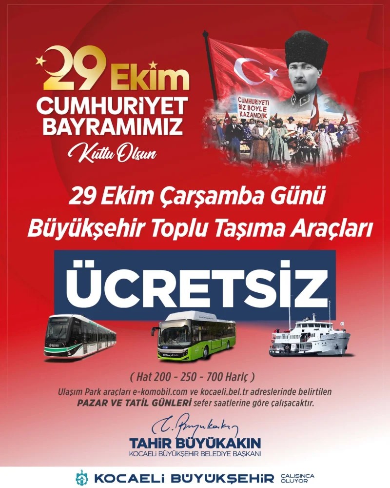 Kocaeli’de 29 Ekim’de ulaşım ücretsiz!
