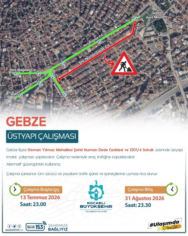 Gebze’de yol çalışması uyarısı!