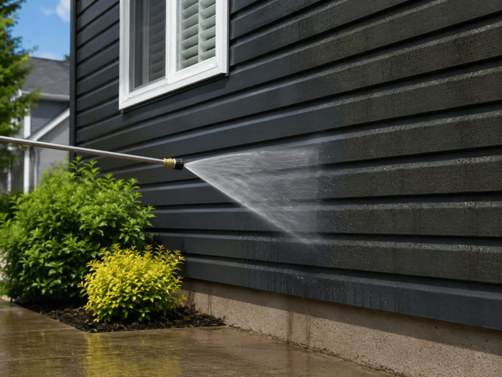 Exterior of a property prepared for professional pressure washing