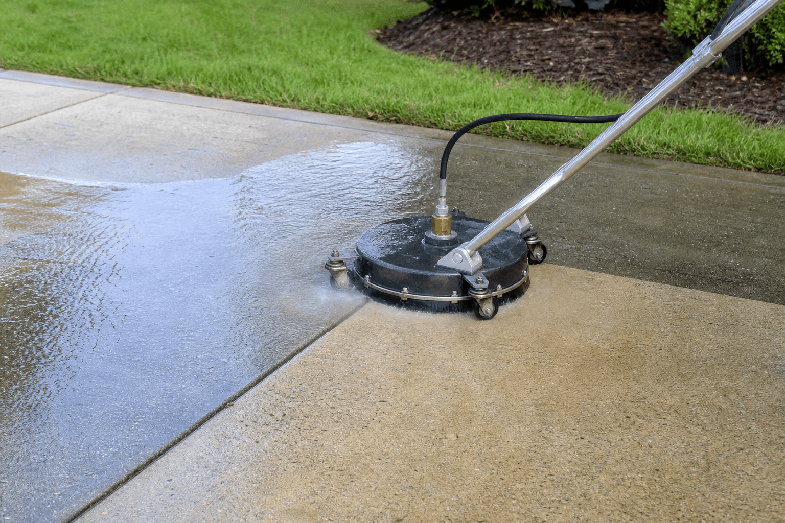 Professional pressure washing on a patio surface